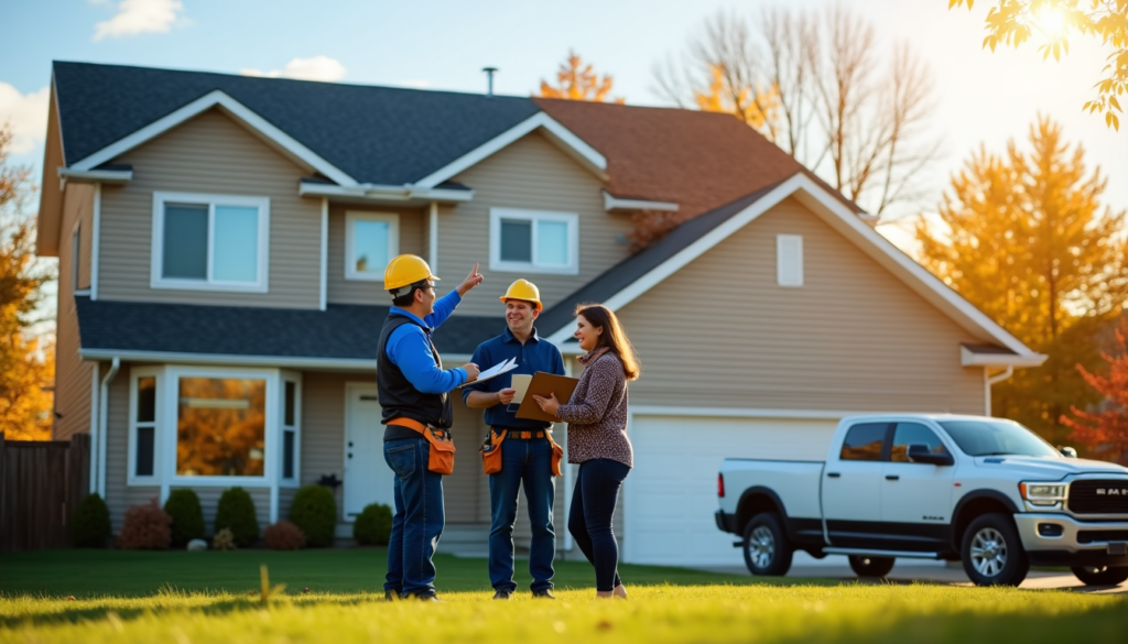 Construction workers consulting with a client about a financing option for home project