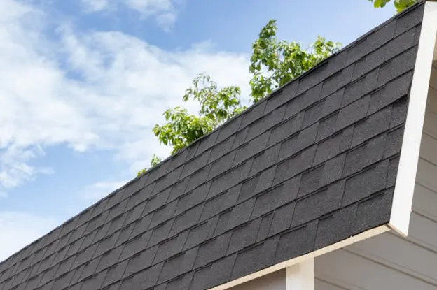 Close-up of a modern roof with black asphalt shingles, highlighting the clean lines and durability of this popular roofing material.