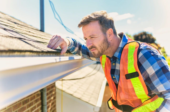 Roofer in a safety vest inspecting eavestroughs and gutters on a residential roof for maintenance and repairs.