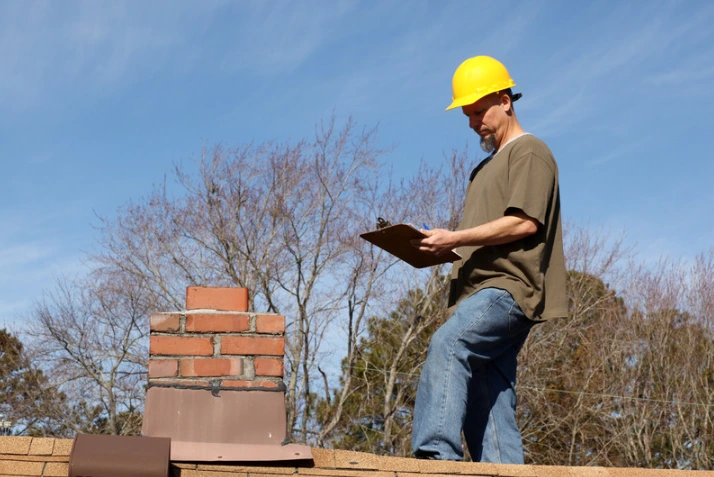 Roof inspector in a yellow hard hat examining a roof and taking notes on a clipboard.