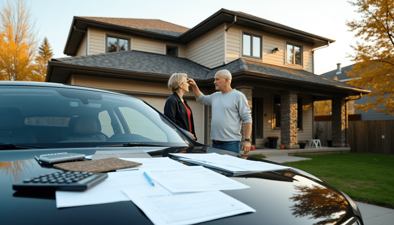 Homeowners discussing roof replacement quotes in Edmonton, with documents and calculator on car hood, referencing a guide to smart decisions.