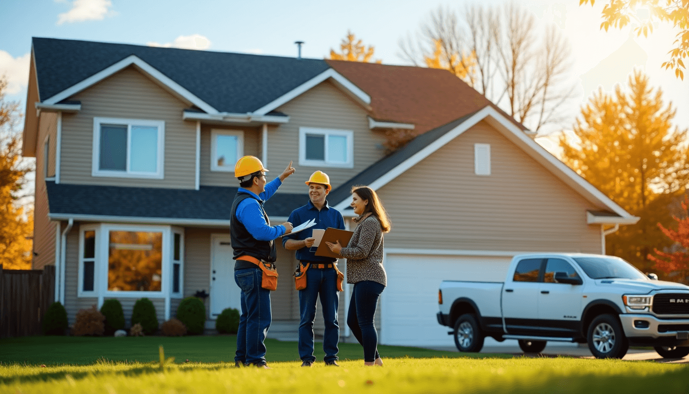 Construction workers consulting with a client about a financing option for home project