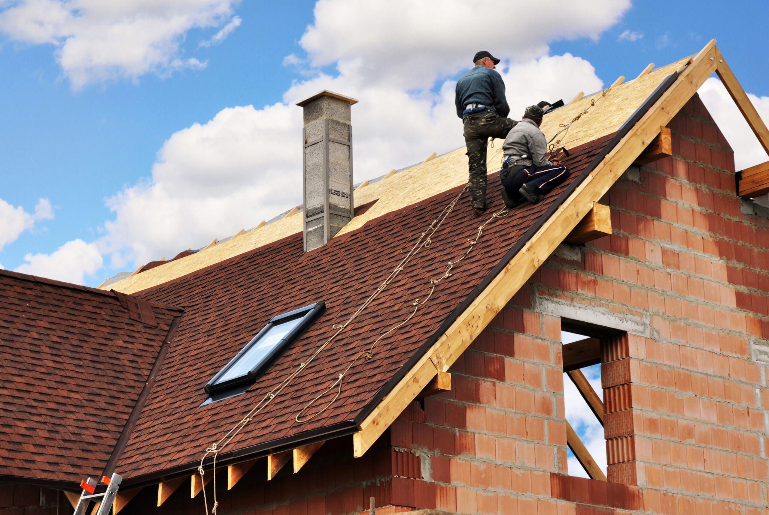 Roofers lay and install asphalt shingles