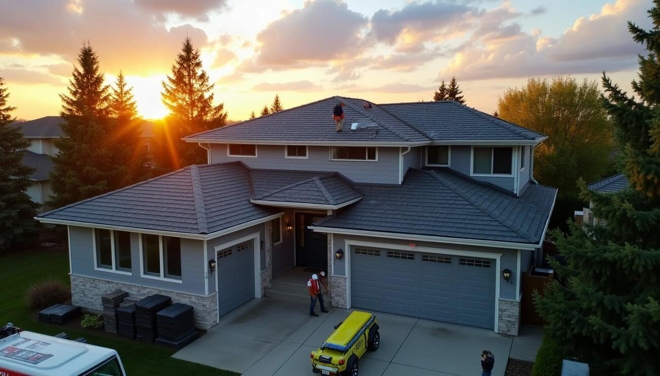 The Silverline Roofing Ltd team working on a large suburban home in the fall, with the city skyline visible in the background.