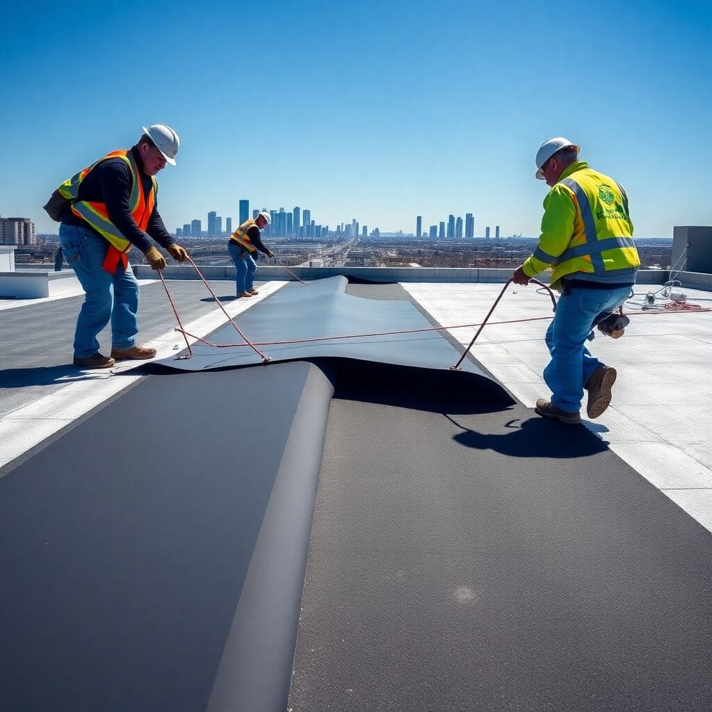 Commercial flat roof installation Edmonton by Silverline Roofing Limited, showing expert roofers applying specialized flat roofing membrane on a high-rise building.