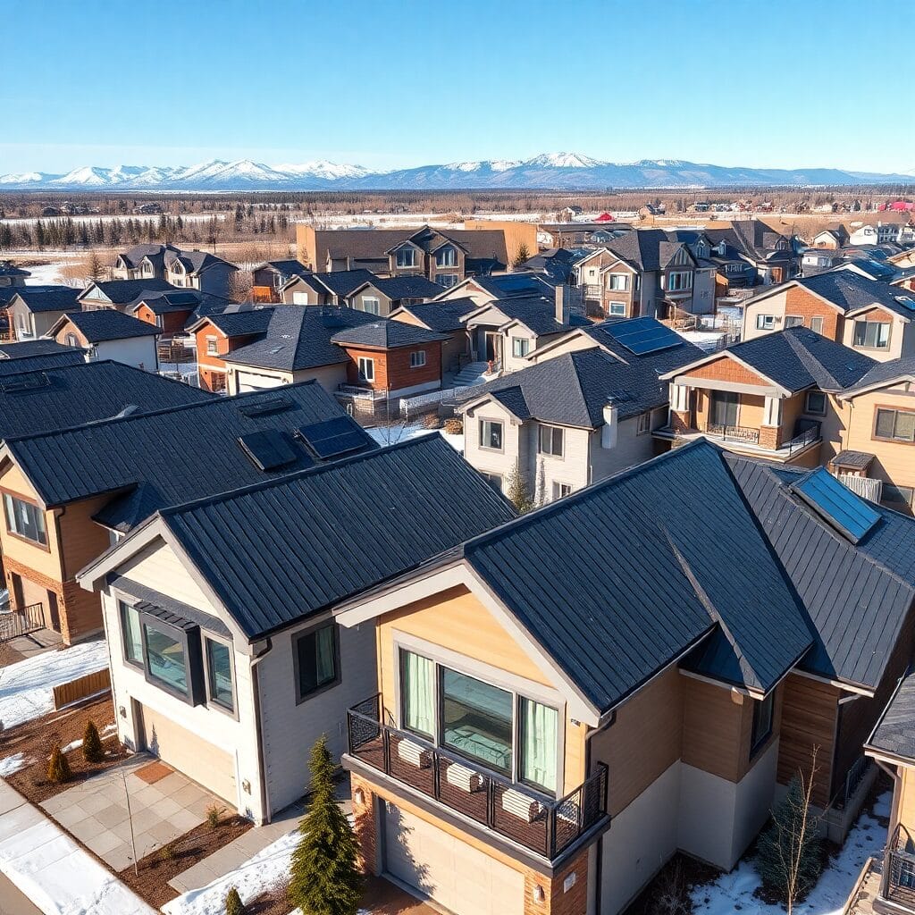 Aerial view of a suburban neighborhood with modern homes featuring black standing seam metal roofs by Silverline Roofing Ltd, with snow-capped mountains in the background