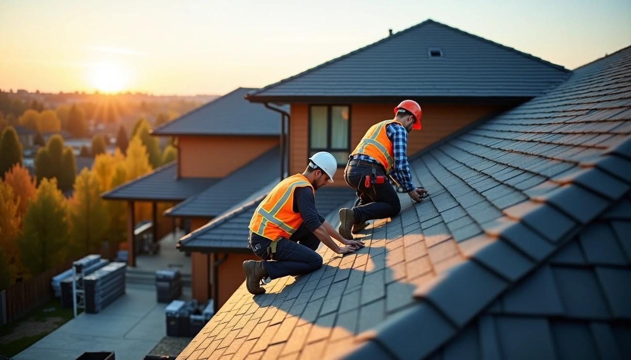 Wide aerial view of a large house at sunset with a new charcoal-colored roof being completed by the Silverline Roofing Ltd team