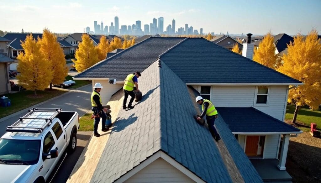 Edmonton roof replacement by Silverline Roofing Ltd. crew working on residential home