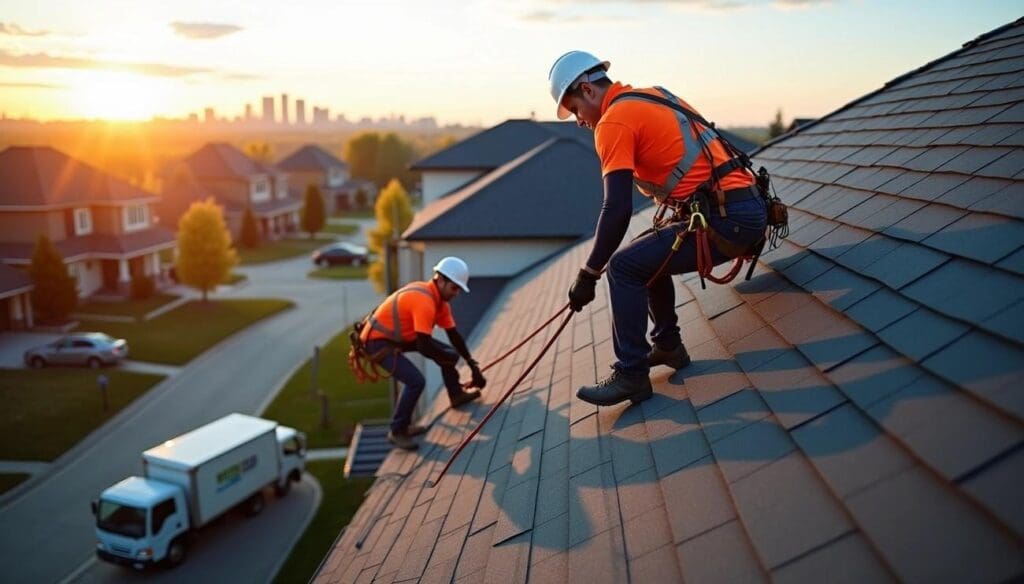 Silverline Roofing Ltd experts installing shingles safely Edmonton sunset