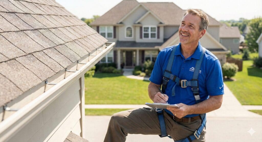 Smiling contractor holding a clipboard while inspecting a house roof, showcasing trustworthiness and professionalism
