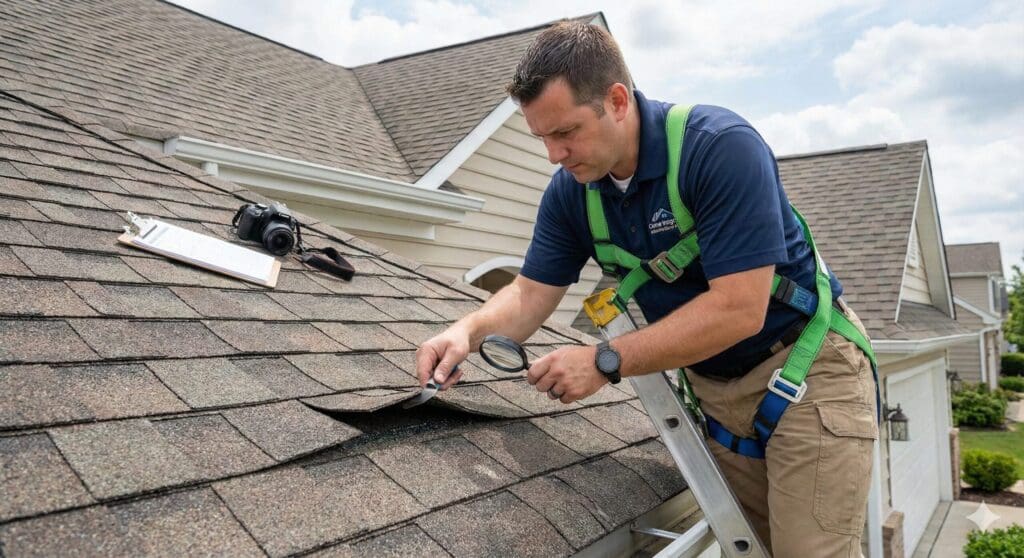 Inspector using a ladder to examine shingles closely, illustrating proactive roof care