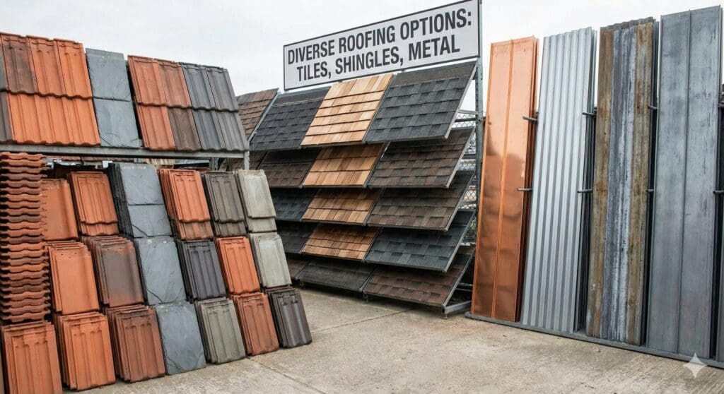 Variety of roofing materials including tiles, shingles, and metal sheets, representing diverse service options