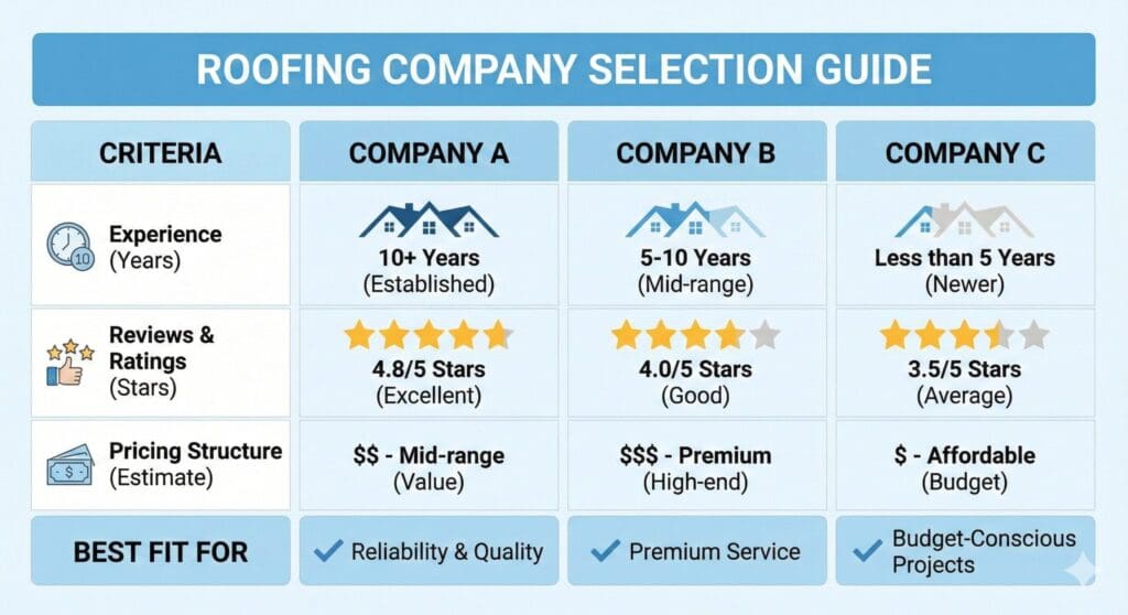 Comparison chart highlighting criteria like experience, reviews, and pricing for selecting a roofing company