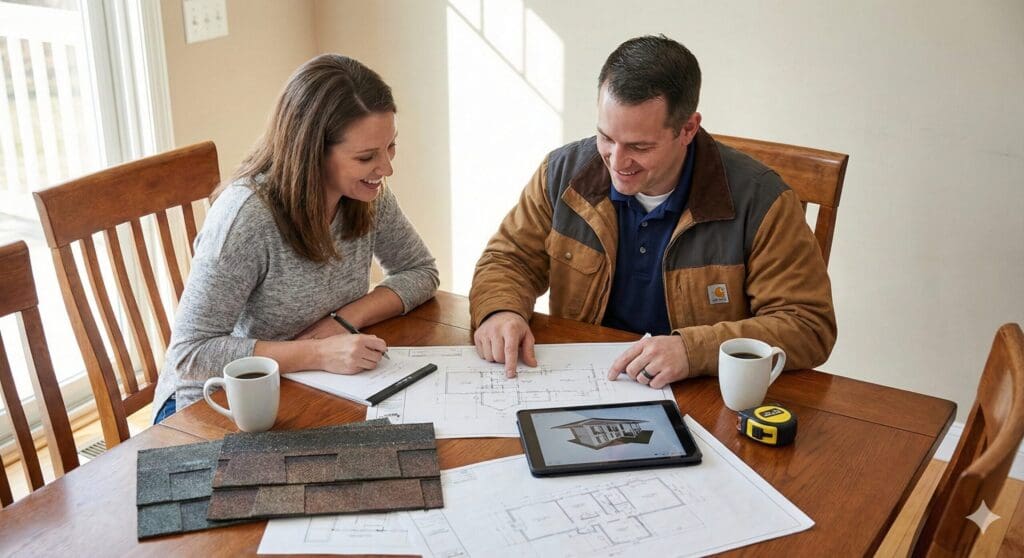 Homeowner discussing roofing plans with a contractor, emphasising collaboration and informed decision-making