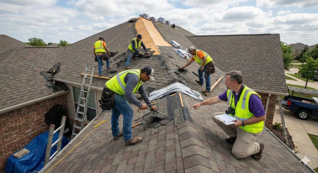 Roofers working diligently on a roof while an inspector assesses the progress, showcasing a typical repair process