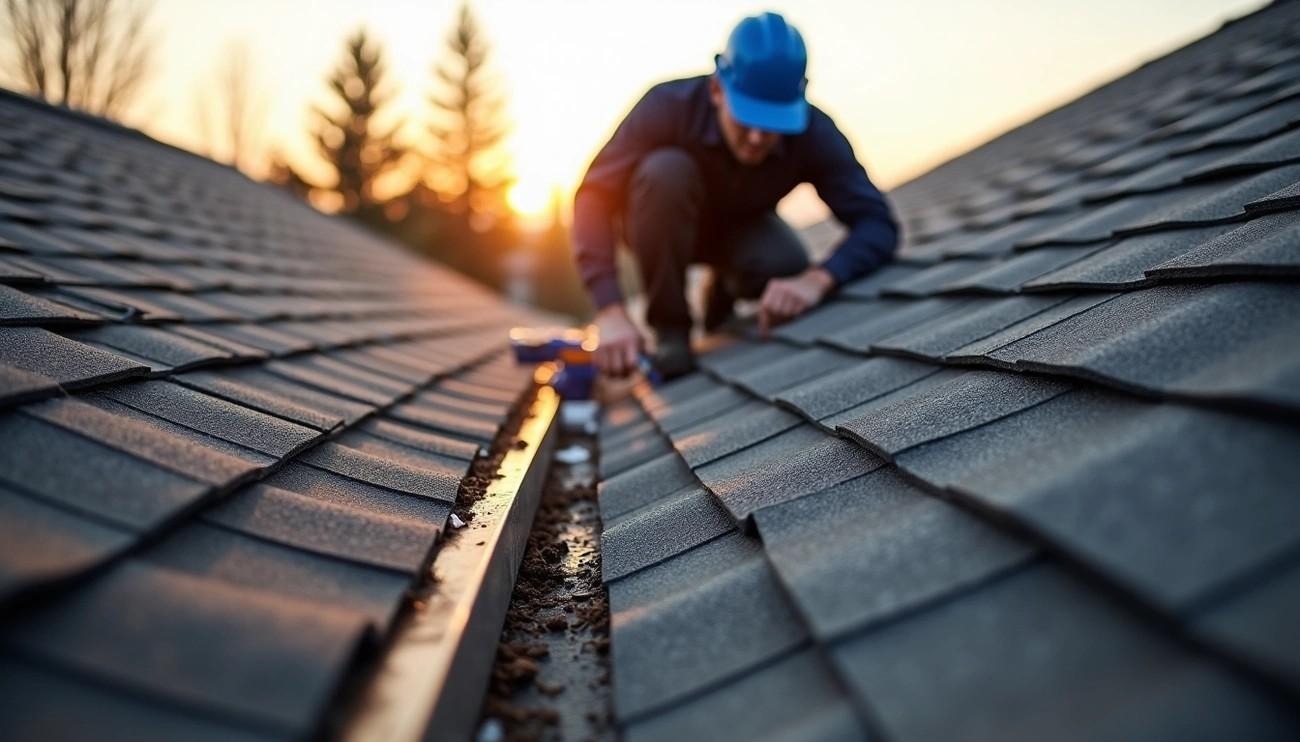 Silverline Roofing Ltd. professional technician performing detailed roof inspection on residential property during sunset with visible roof damage assessment