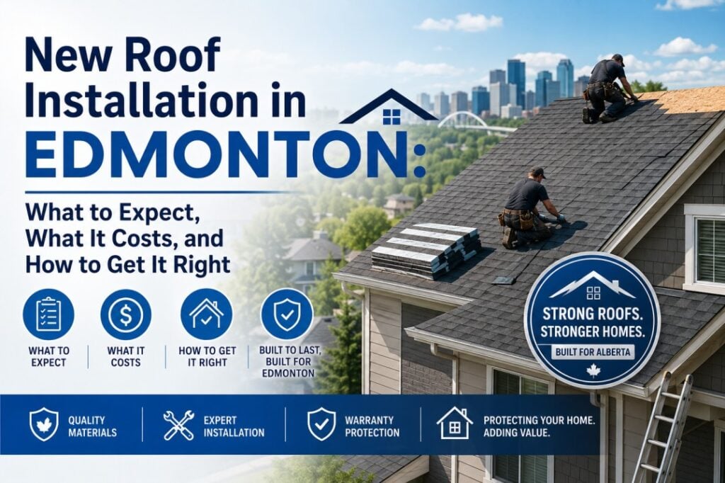 Professional roofing contractors installing a new asphalt shingle roof on a home in Edmonton, illustrating roof installation costs, process, and homeowner expectations.