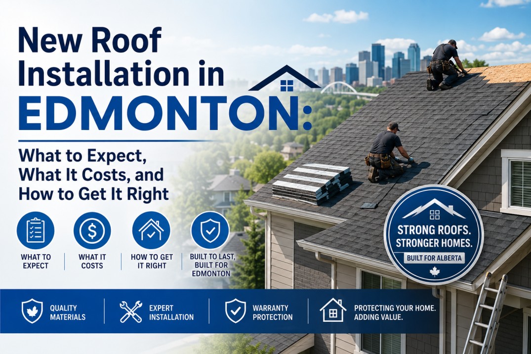 Professional roofing contractors installing a new asphalt shingle roof on a home in Edmonton, illustrating roof installation costs, process, and homeowner expectations.