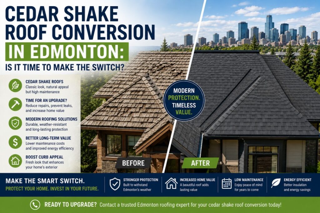 Cedar shake roof conversion to asphalt shingles on an Edmonton home.