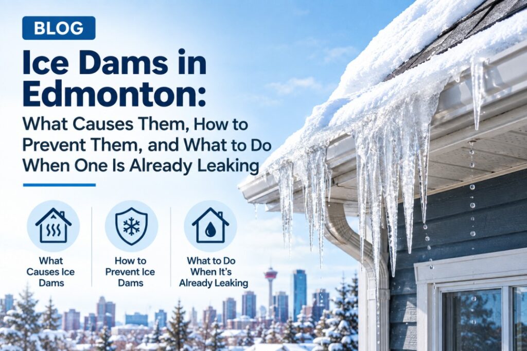 Ice dams are Edmonton's most damaging winter roof problem — and most homeowners misunderstand what actually causes them. Get the complete 2026 prevention, repair, and emergency response guide.