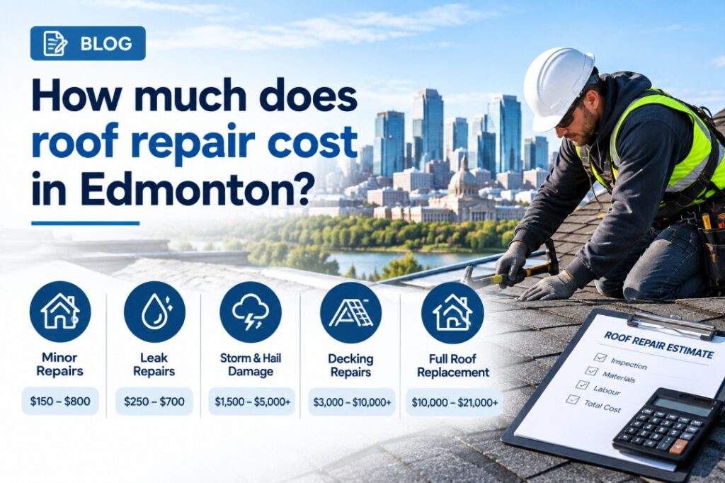 What does roof repair cost in Edmonton? See 2026 prices for leaks, shingles, flashing, flat roofs and emergency repairs, plus when replacing makes more sense