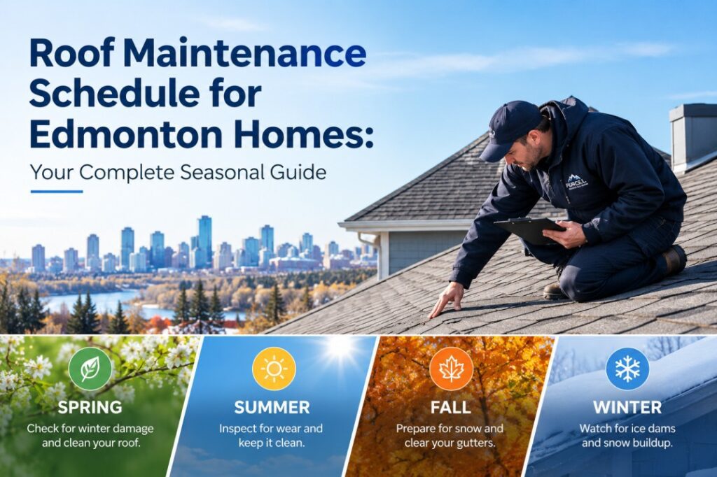 Edmonton's climate demands a specific roof maintenance routine — not a generic checklist. Get the complete season-by-season schedule for spring, summer, fall, and winter roof care with tasks, costs, and when to call a pro.