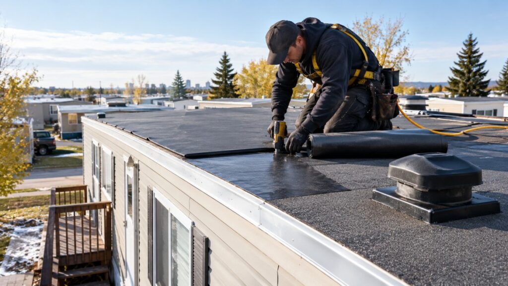 Mobile home roof repair in Edmonton showing a roofer securing roofing membrane around roof vents on a flat roof