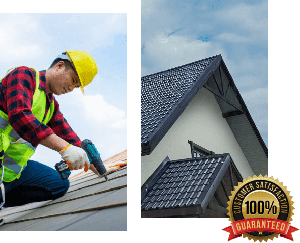 A two-panel image from Silverline Roofing Ltd showing a roofer installing a roof on the left, a finished metal tile roof on the right, and a seal for "100% Customer satisfaction Guaranteed